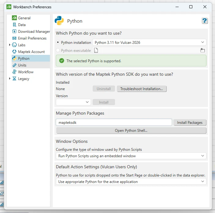 The Python page of Workbench Preferences, showing the selected Python installation, the Maptek Python SDK version and Install controls, and the Manage Python Packages field with mapteksdk entered.