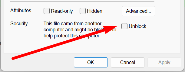 The bottom of the Windows file Properties dialog. A Security row reads "This file came from another computer and might be blocked to help protect this computer", with an Unblock tick box beside it.